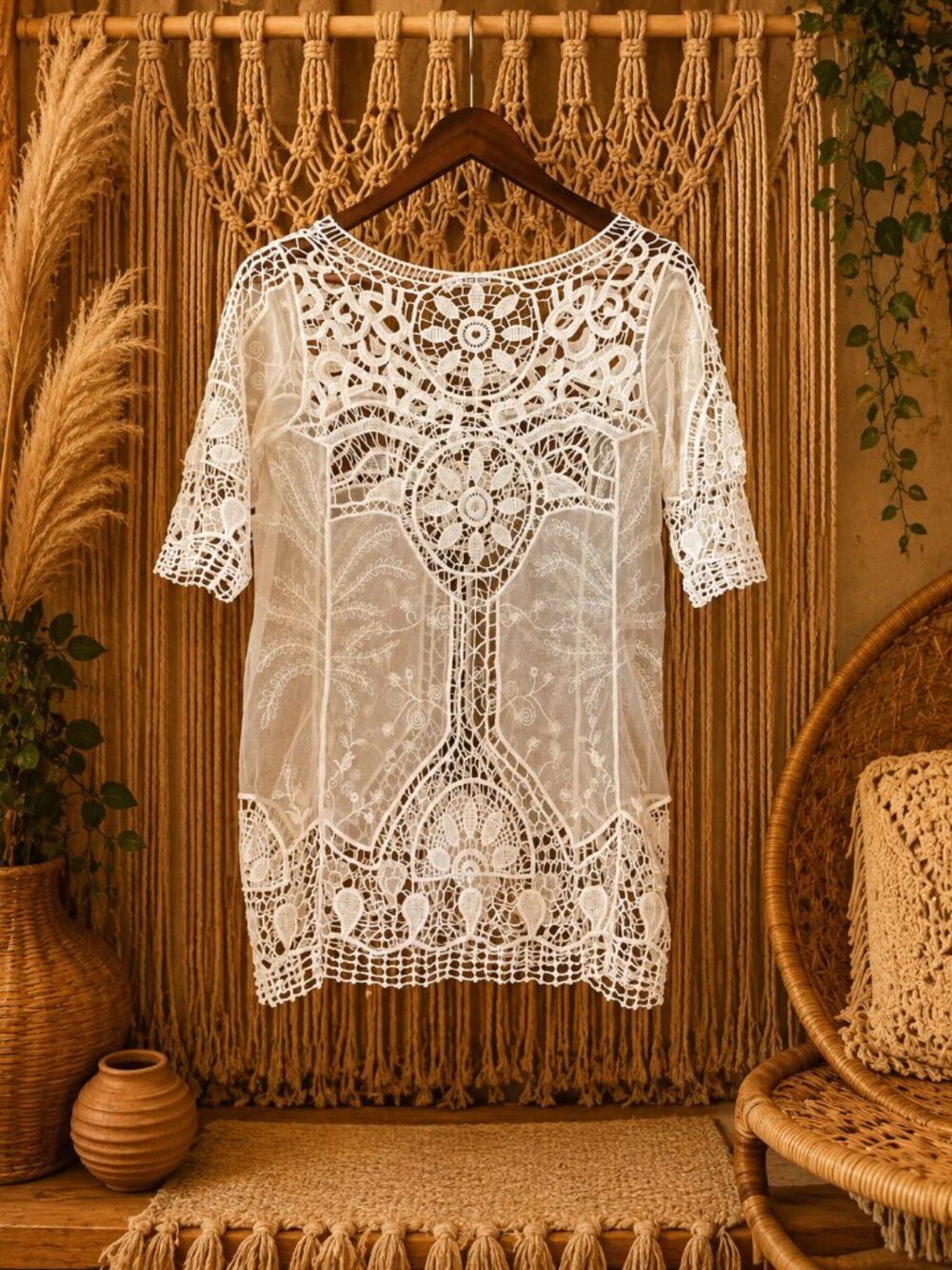Vintage Boho Ivory Crochet Lace Tunic Top Sheer Embroidered Festival - Picture 2 of 5